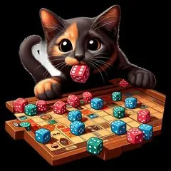 Yoshi the cat, OCAAT's Director of Dice Acquisition, mid-heist with a die in her mouth