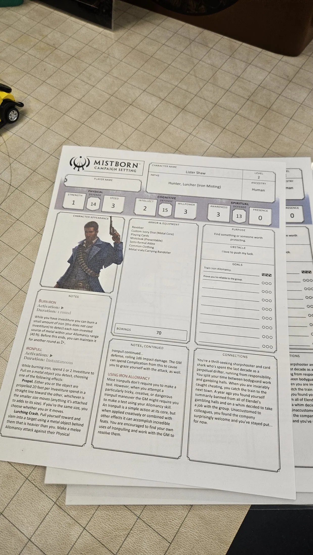 A printed Mistborn Campaign Setting character sheet for Lister Shaw, a Lurcher (Iron Misting), showing Ironpull abilities and equipment on a game table.
