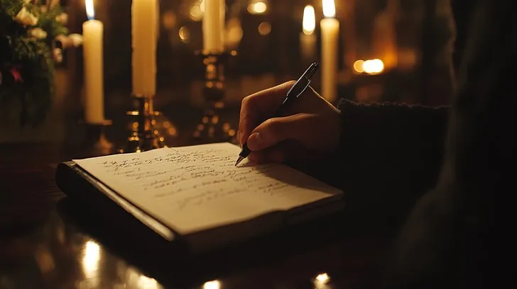 A hand writing in a notebook by candlelight, pen in motion across the page.